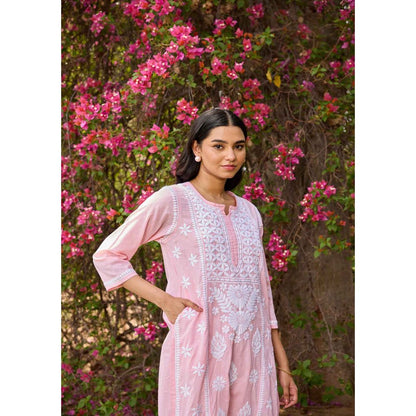 House of Chikankari Pink Cotton Dobby Chikankari Solid Women's Long Kurta