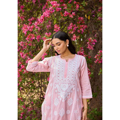 House of Chikankari Pink Cotton Dobby Chikankari Solid Women's Long Kurta