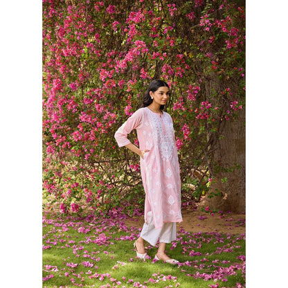 House of Chikankari Pink Cotton Dobby Chikankari Solid Women's Long Kurta