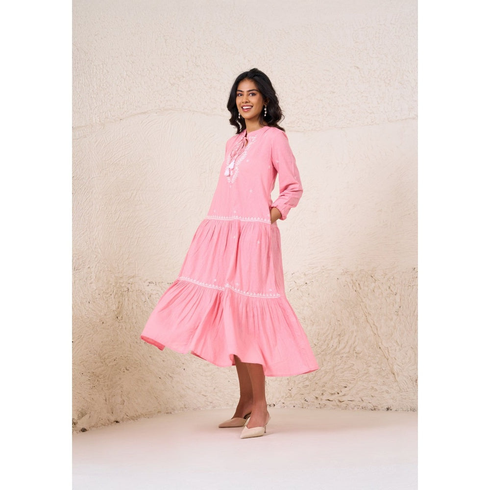 House of Chikankari Cotton Dobby Chikankari Womens Long Dress - Dust Pink