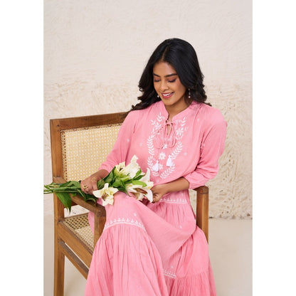 House of Chikankari Cotton Dobby Chikankari Womens Long Dress - Dust Pink