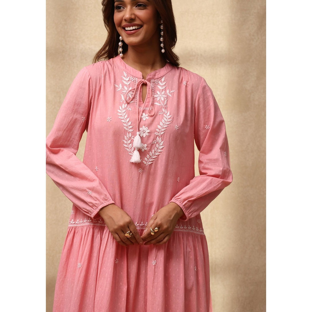 House of Chikankari Cotton Dobby Chikankari Womens Long Dress - Dust Pink