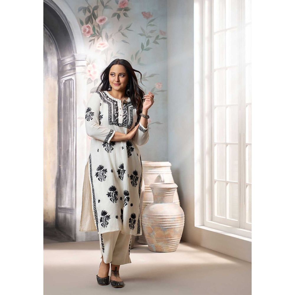 House of Chikankari Women's Off White Cotton Linen Blend Chikankari Kurta and Pant (Set of 2)