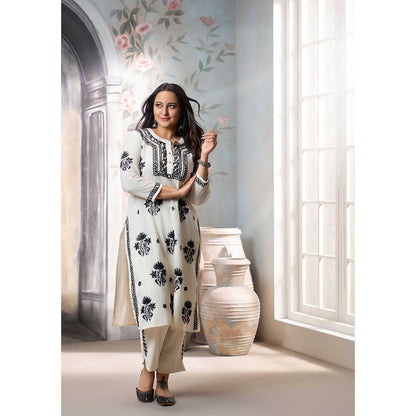 House of Chikankari Women's Off White Cotton Linen Blend Chikankari Kurta and Pant (Set of 2)