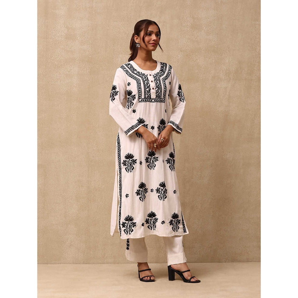 House of Chikankari Women's Off White Cotton Linen Blend Chikankari Kurta and Pant (Set of 2)