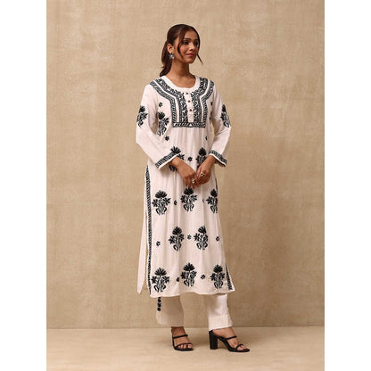 House of Chikankari Women's Off White Cotton Linen Blend Chikankari Kurta and Pant (Set of 2)