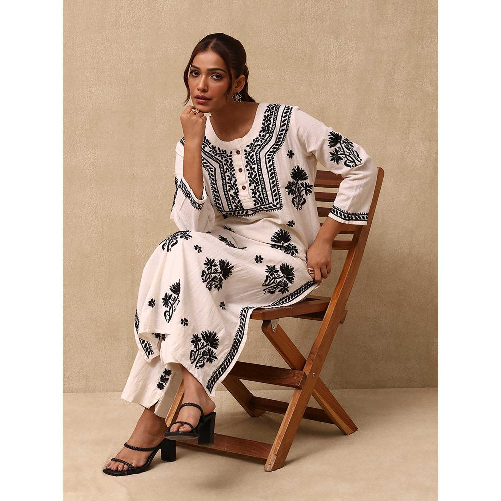 House of Chikankari Women's Off White Cotton Linen Blend Chikankari Kurta and Pant (Set of 2)