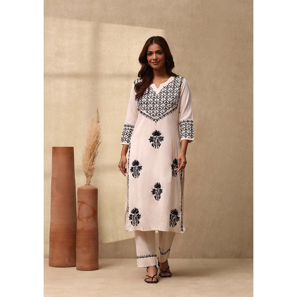 House of Chikankari Women's Off White Cotton Linen Blend Chikankari Kurta and Pant (Set of 2)