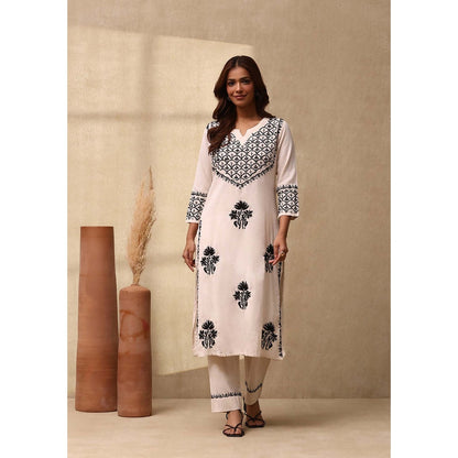 House of Chikankari Women's Off White Cotton Linen Blend Chikankari Kurta and Pant (Set of 2)