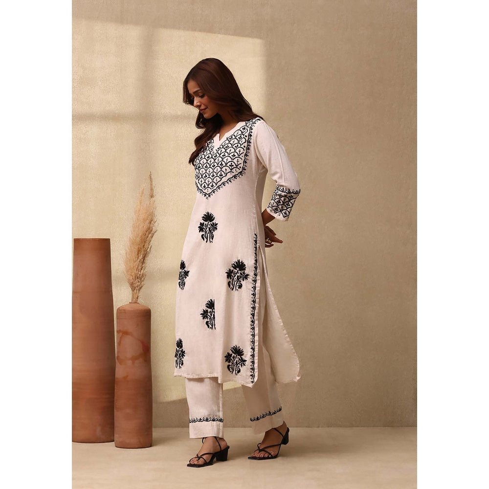 House of Chikankari Women's Off White Cotton Linen Blend Chikankari Kurta and Pant (Set of 2)