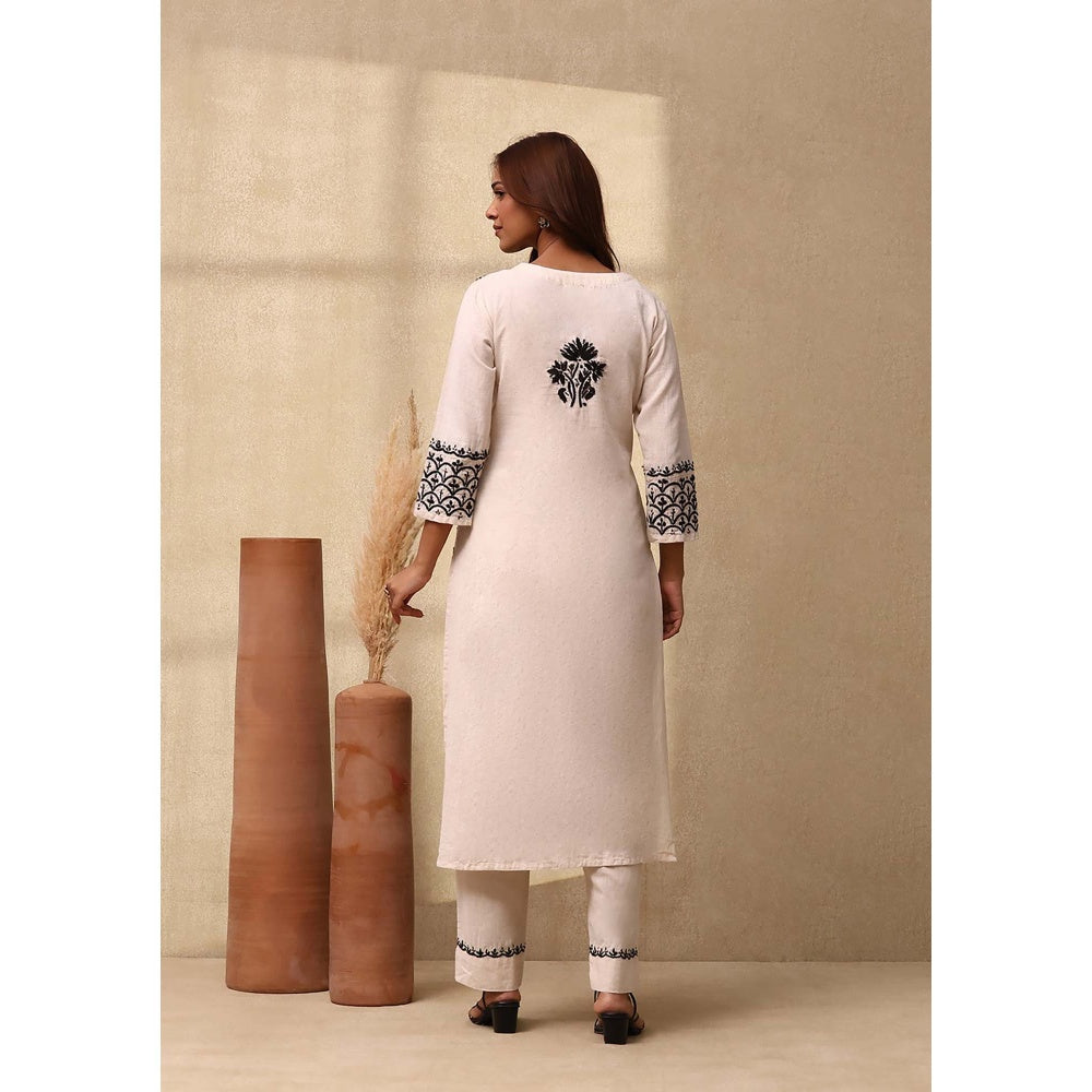 House of Chikankari Women's Off White Cotton Linen Blend Chikankari Kurta and Pant (Set of 2)