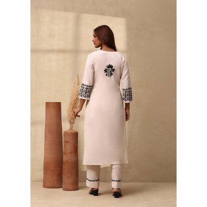 House of Chikankari Women's Off White Cotton Linen Blend Chikankari Kurta and Pant (Set of 2)