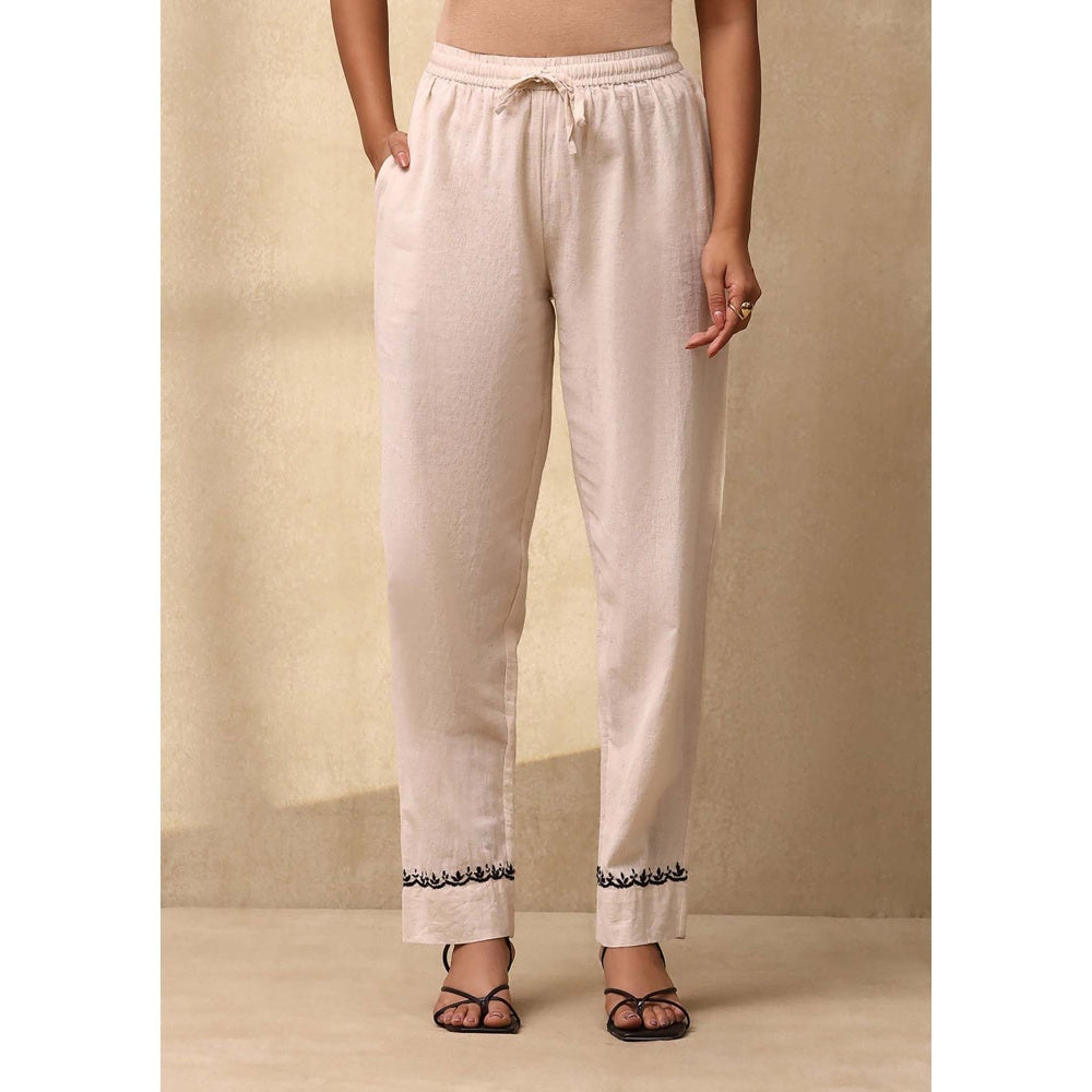 House of Chikankari Women's Off White Cotton Linen Blend Chikankari Kurta and Pant (Set of 2)