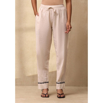 House of Chikankari Women's Off White Cotton Linen Blend Chikankari Kurta and Pant (Set of 2)