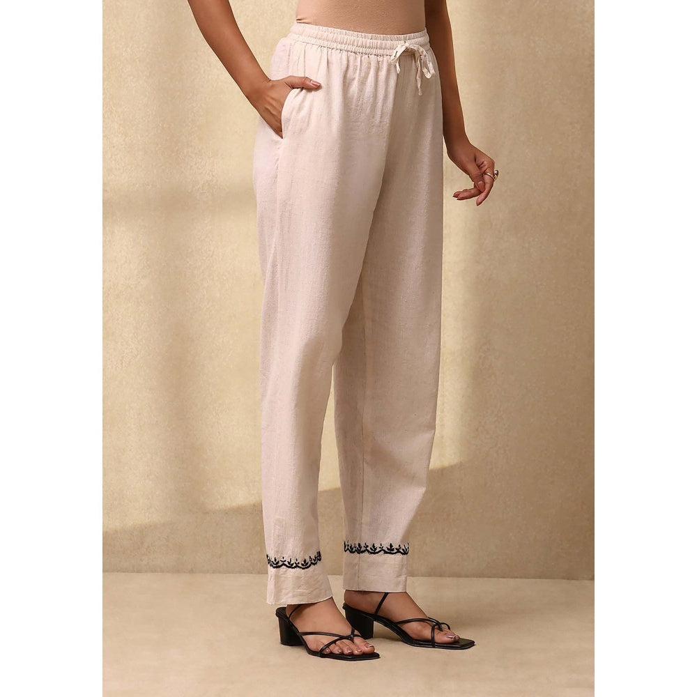 House of Chikankari Women's Off White Cotton Linen Blend Chikankari Kurta and Pant (Set of 2)