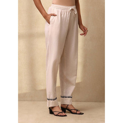 House of Chikankari Women's Off White Cotton Linen Blend Chikankari Kurta and Pant (Set of 2)