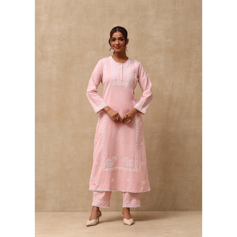 House of Chikankari Women's Pink Cotton Linen Blend Chikankari Kurta and Pant (Set of 2)