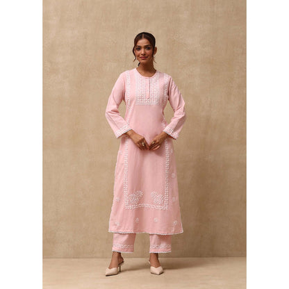 House of Chikankari Women's Pink Cotton Linen Blend Chikankari Kurta and Pant (Set of 2)