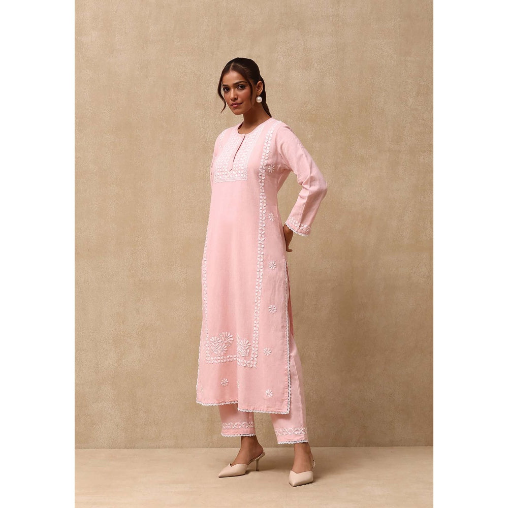 House of Chikankari Women's Pink Cotton Linen Blend Chikankari Kurta and Pant (Set of 2)
