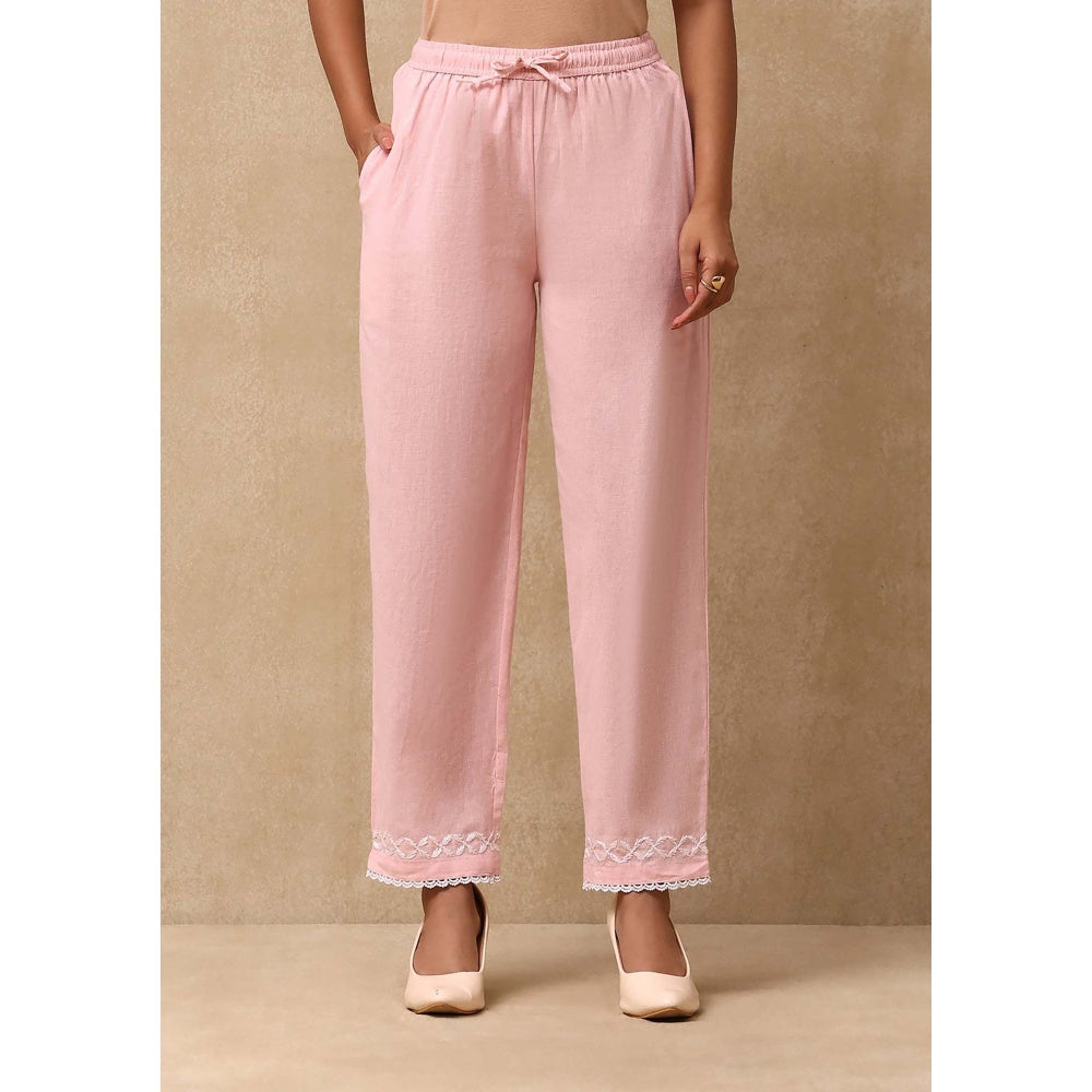 House of Chikankari Women's Pink Cotton Linen Blend Chikankari Kurta and Pant (Set of 2)