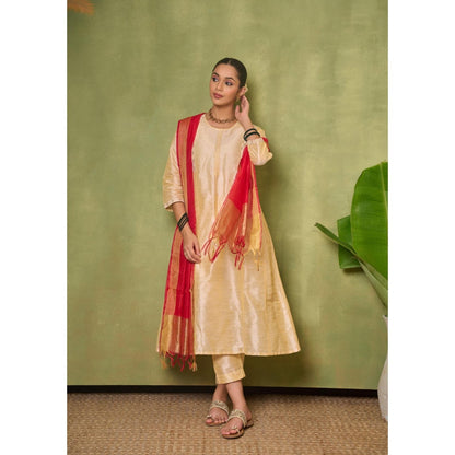 House of Chikankari Silk Blend Womens A-Line Kurta with Pant and Dupatta - Golden