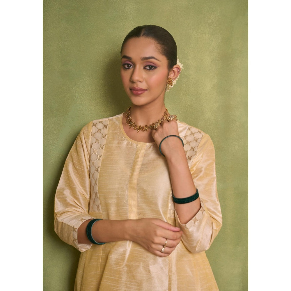 House of Chikankari Silk Blend Womens A-Line Kurta with Pant and Dupatta - Golden