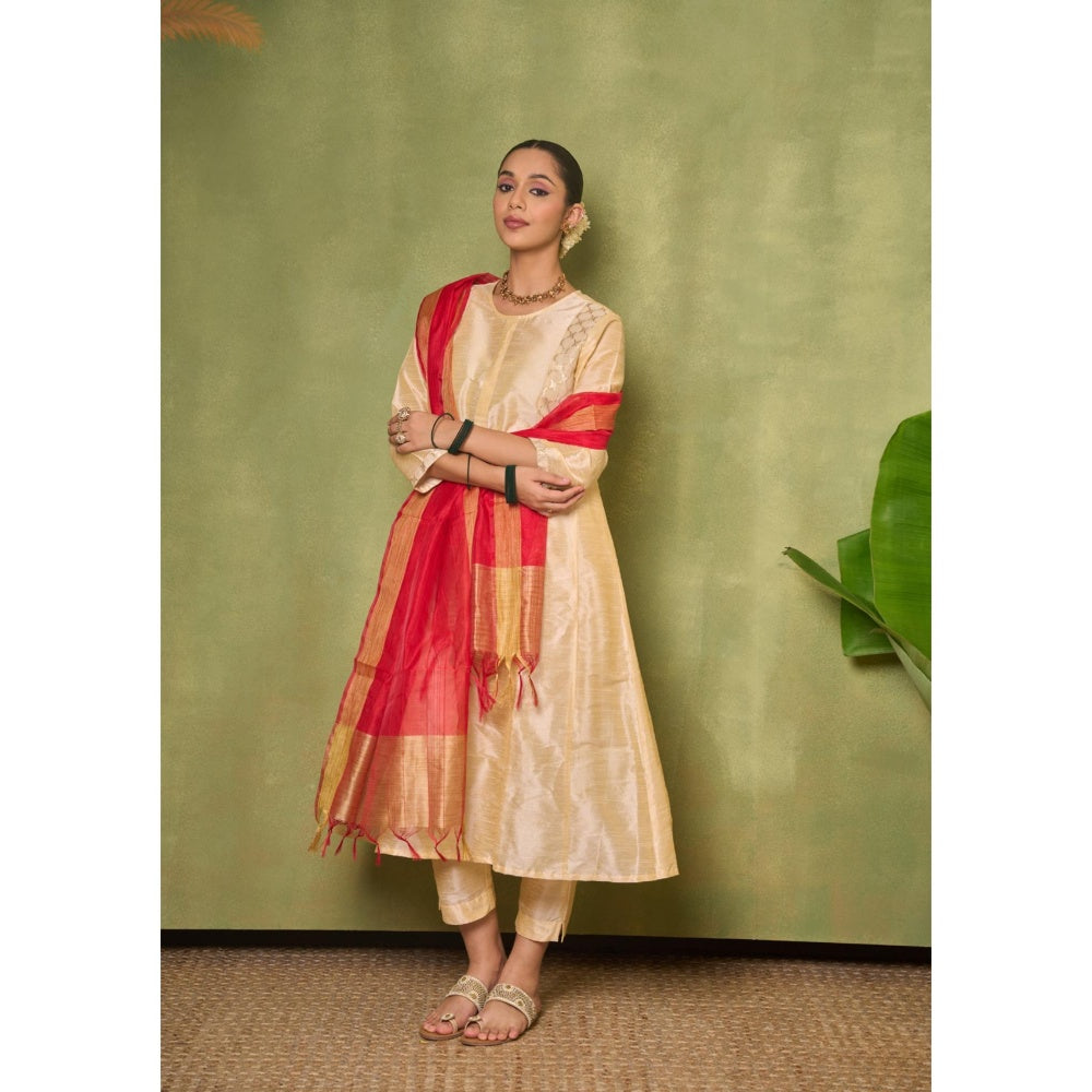 House of Chikankari Silk Blend Womens A-Line Kurta with Pant and Dupatta - Golden