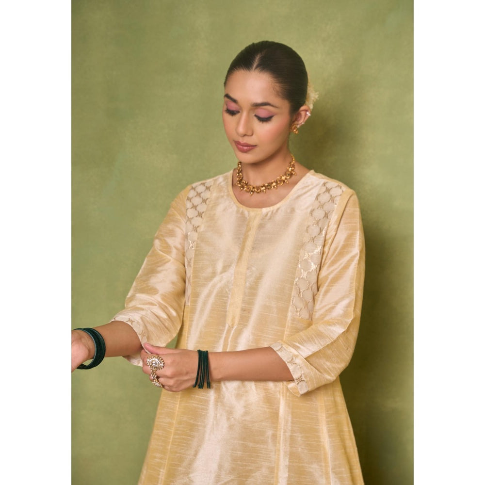House of Chikankari Silk Blend Womens A-Line Kurta with Pant and Dupatta - Golden
