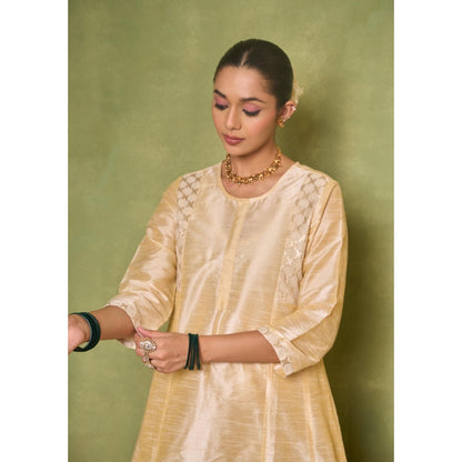 House of Chikankari Silk Blend Womens A-Line Kurta with Pant and Dupatta - Golden