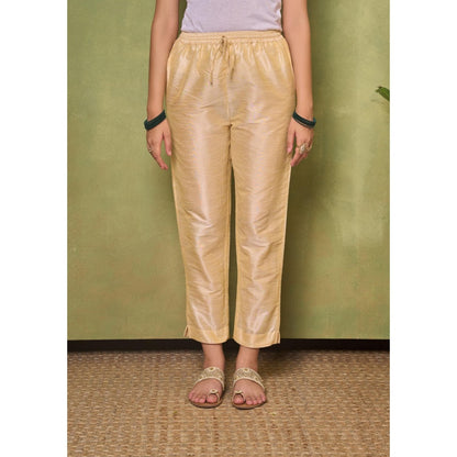 House of Chikankari Silk Blend Womens A-Line Kurta with Pant and Dupatta - Golden