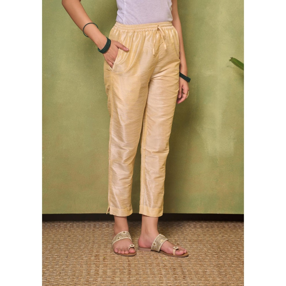House of Chikankari Silk Blend Womens A-Line Kurta with Pant and Dupatta - Golden