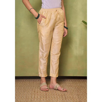 House of Chikankari Silk Blend Womens A-Line Kurta with Pant and Dupatta - Golden