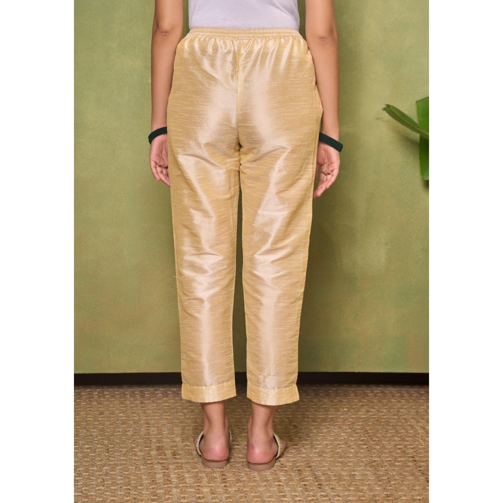 House of Chikankari Silk Blend Womens A-Line Kurta with Pant and Dupatta - Golden