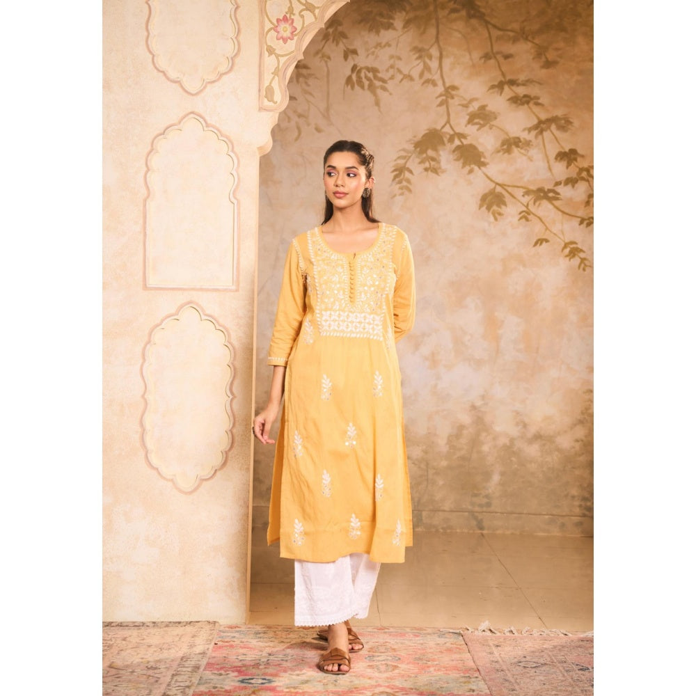 House of Chikankari Cotton Chikankari Gota Work Womens Long Kurta -Yellow