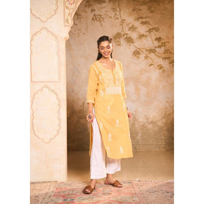 House of Chikankari Cotton Chikankari Gota Work Womens Long Kurta -Yellow