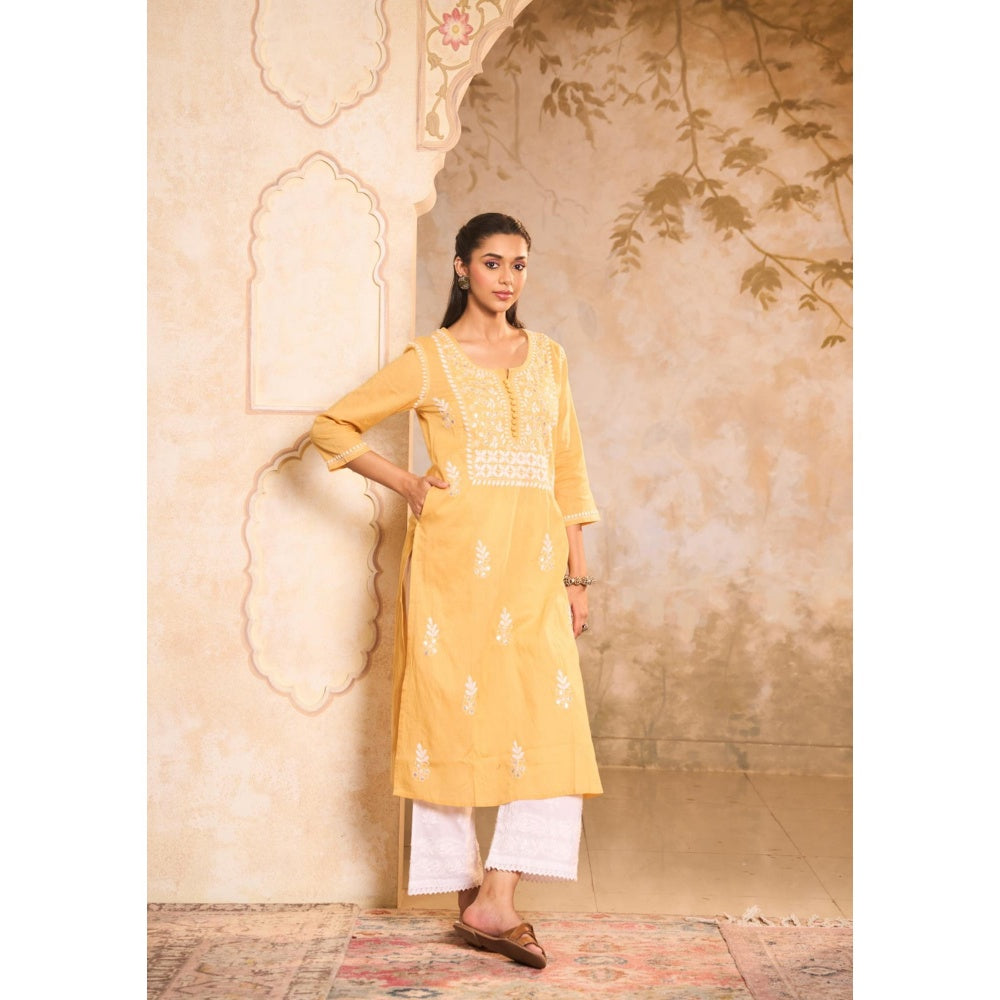 House of Chikankari Cotton Chikankari Gota Work Womens Long Kurta -Yellow