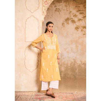 House of Chikankari Cotton Chikankari Gota Work Womens Long Kurta -Yellow