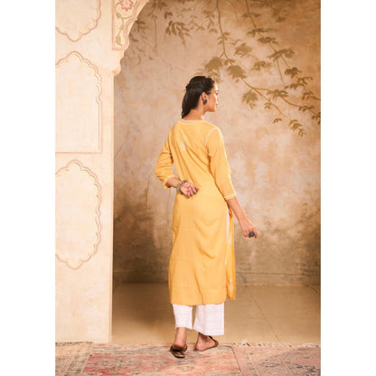 House of Chikankari Cotton Chikankari Gota Work Womens Long Kurta -Yellow