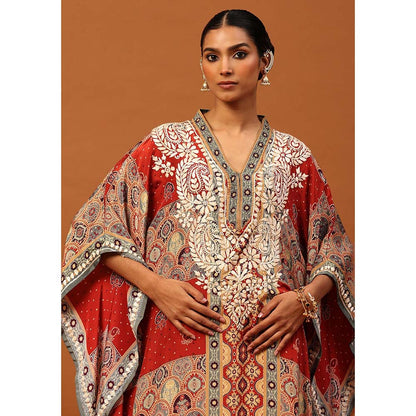 House of Chikankari Crepe Chikankari Printed Womens Kaftan -Maroon
