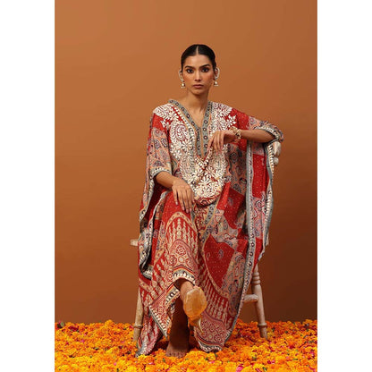 House of Chikankari Crepe Chikankari Printed Womens Kaftan -Maroon