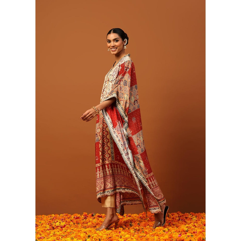House of Chikankari Crepe Chikankari Printed Womens Kaftan -Maroon