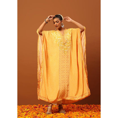 House of Chikankari Crepe Chikankari Printed Womens Kaftan -Yellow