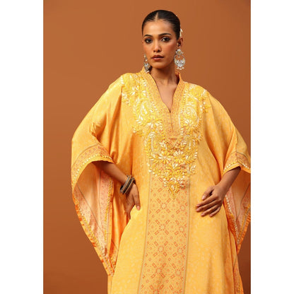 House of Chikankari Crepe Chikankari Printed Womens Kaftan -Yellow