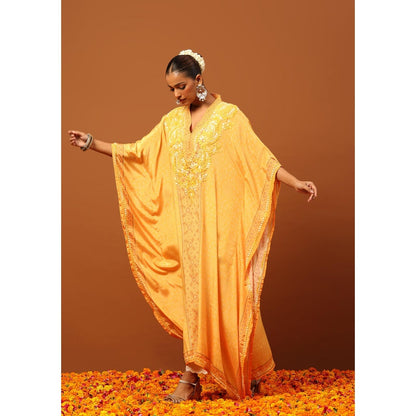 House of Chikankari Crepe Chikankari Printed Womens Kaftan -Yellow