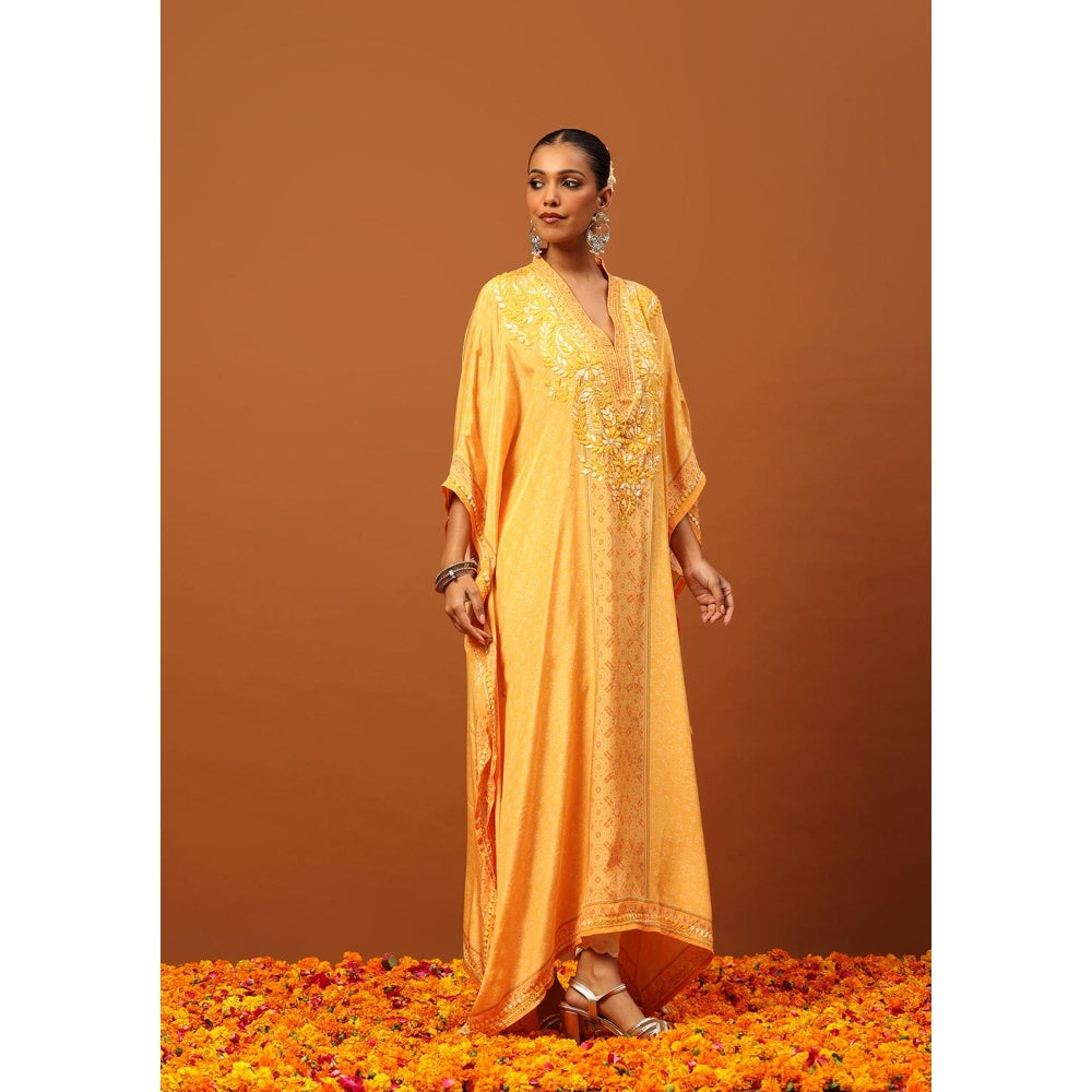 House of Chikankari Crepe Chikankari Printed Womens Kaftan -Yellow