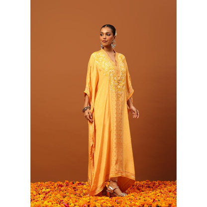 House of Chikankari Crepe Chikankari Printed Womens Kaftan -Yellow