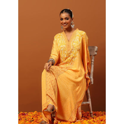 House of Chikankari Crepe Chikankari Printed Womens Kaftan -Yellow