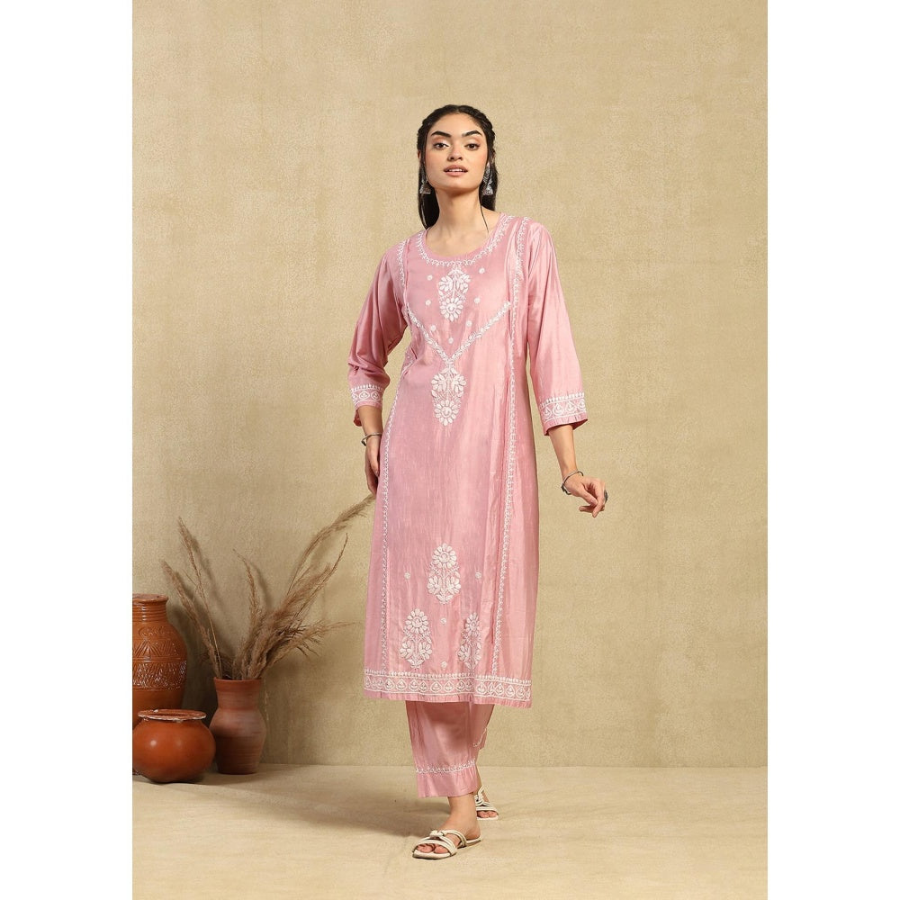 House of Chikankari Chanderi Chikankari Womens Long Kurta with Pant -Pink