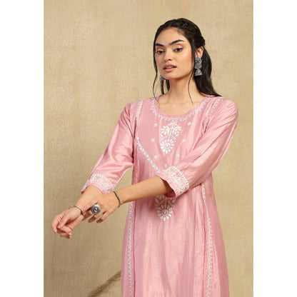 House of Chikankari Chanderi Chikankari Womens Long Kurta with Pant -Pink