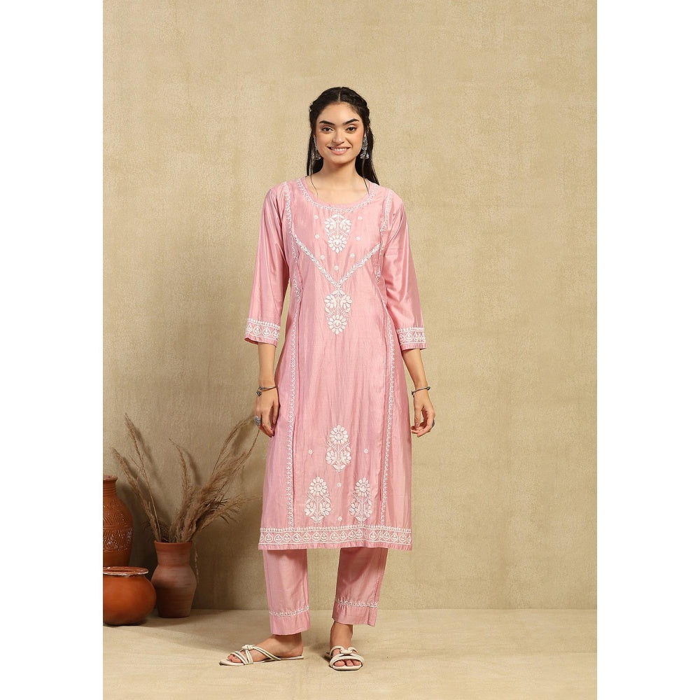 House of Chikankari Chanderi Chikankari Womens Long Kurta with Pant -Pink